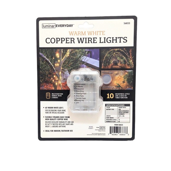 Copper Wire Lights Warm White 20.2 Ft 60 LED 8 Modes Home Yard School Office - Picture 2 of 7